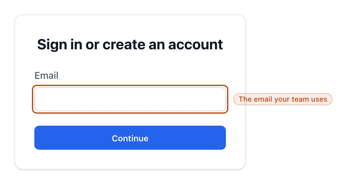 The sign-in page: one email field and a Continue button under the heading Sign in or create an account.