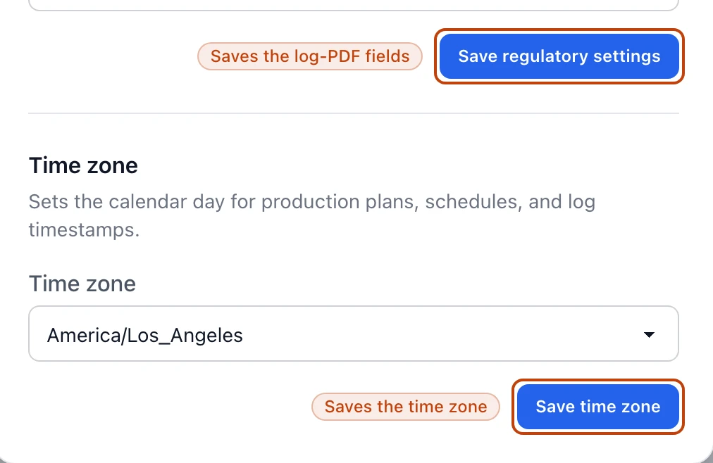 The edit-company drawer showing the regulatory exports and time zone sections, each with its own separate save button.