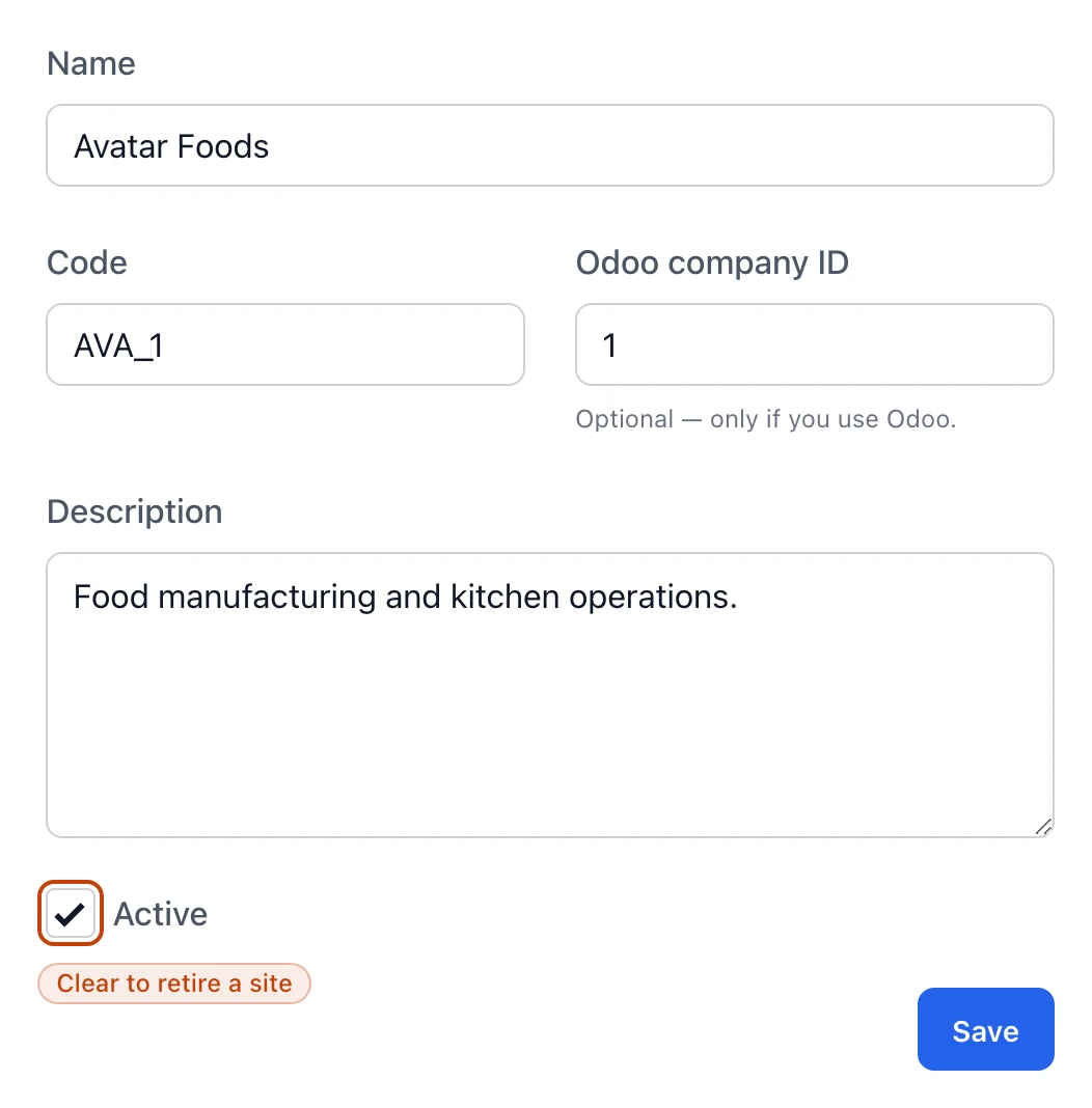 The details section of the edit-company drawer, showing the name, code, description, Odoo company ID, and active fields with their labels.