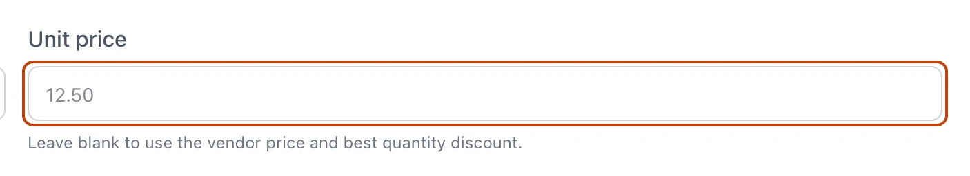 The Unit price field on a purchase order line, showing the vendor price as a placeholder and a hint to leave it blank so that price fills in automatically.