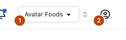 The Active company picker and account menu button at the right of the top bar.