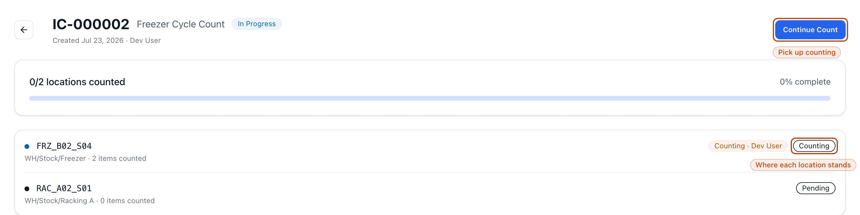 An in-progress inventory count, showing a progress bar of counted locations and a list of each location marked Counting or Pending, with a Continue Count action.