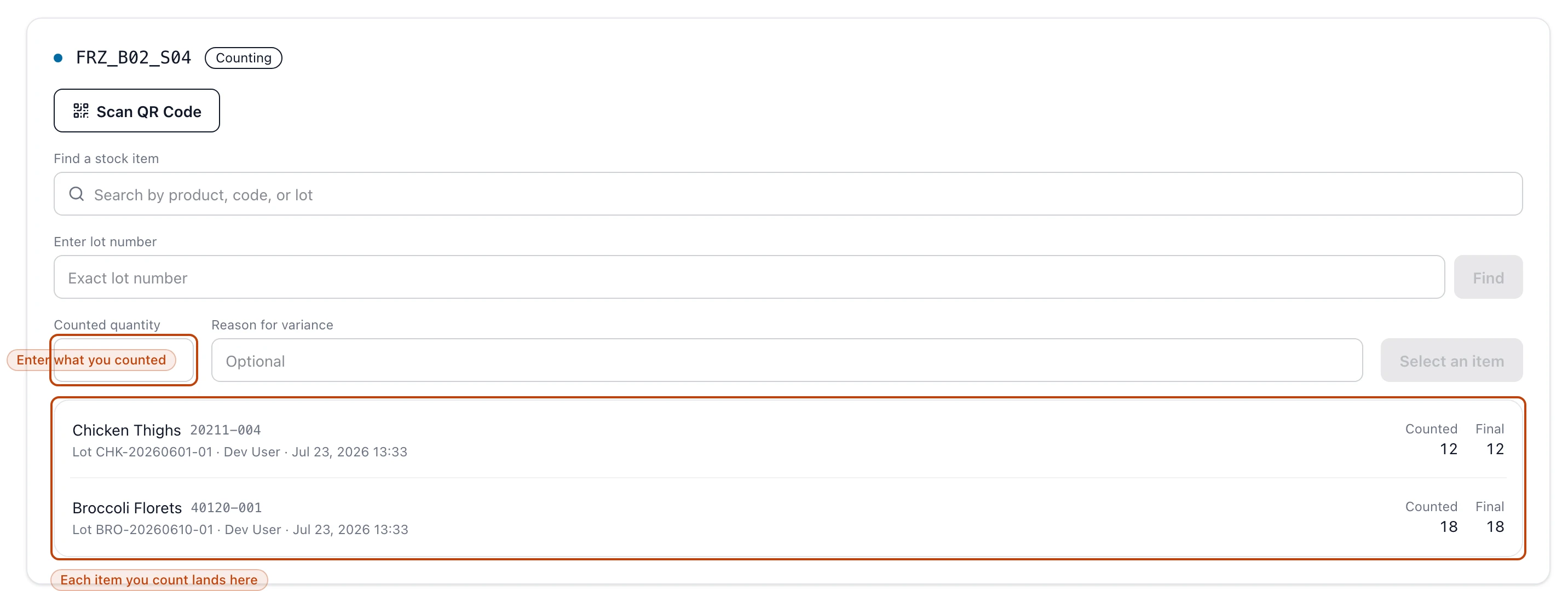 The per-location counting screen for a freezer location: a search and lot-lookup to find a stock item, a counted-quantity field, and a running list of the items already counted with their quantities.