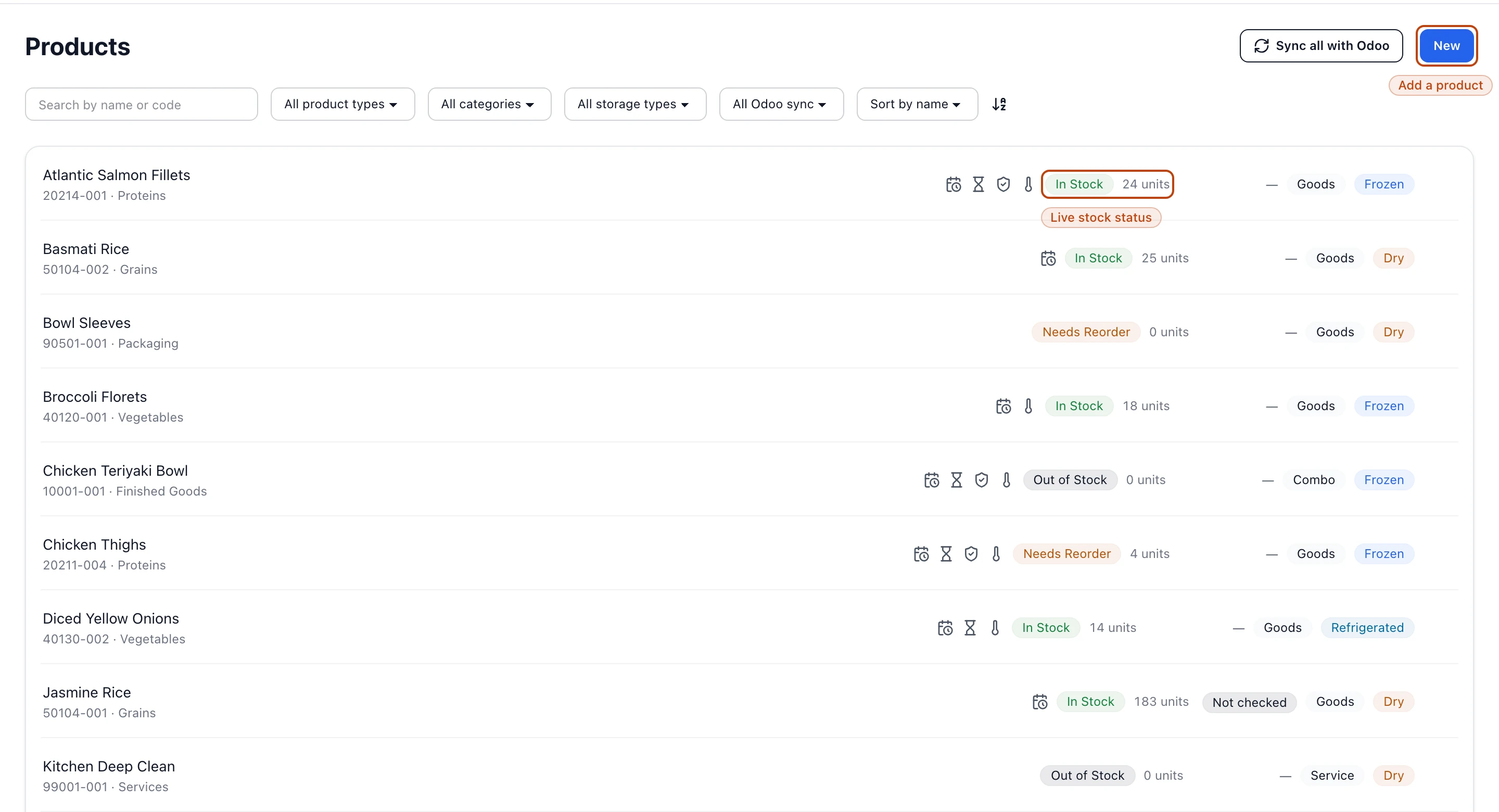 The Products list showing seeded inventory with stock-status badges.
