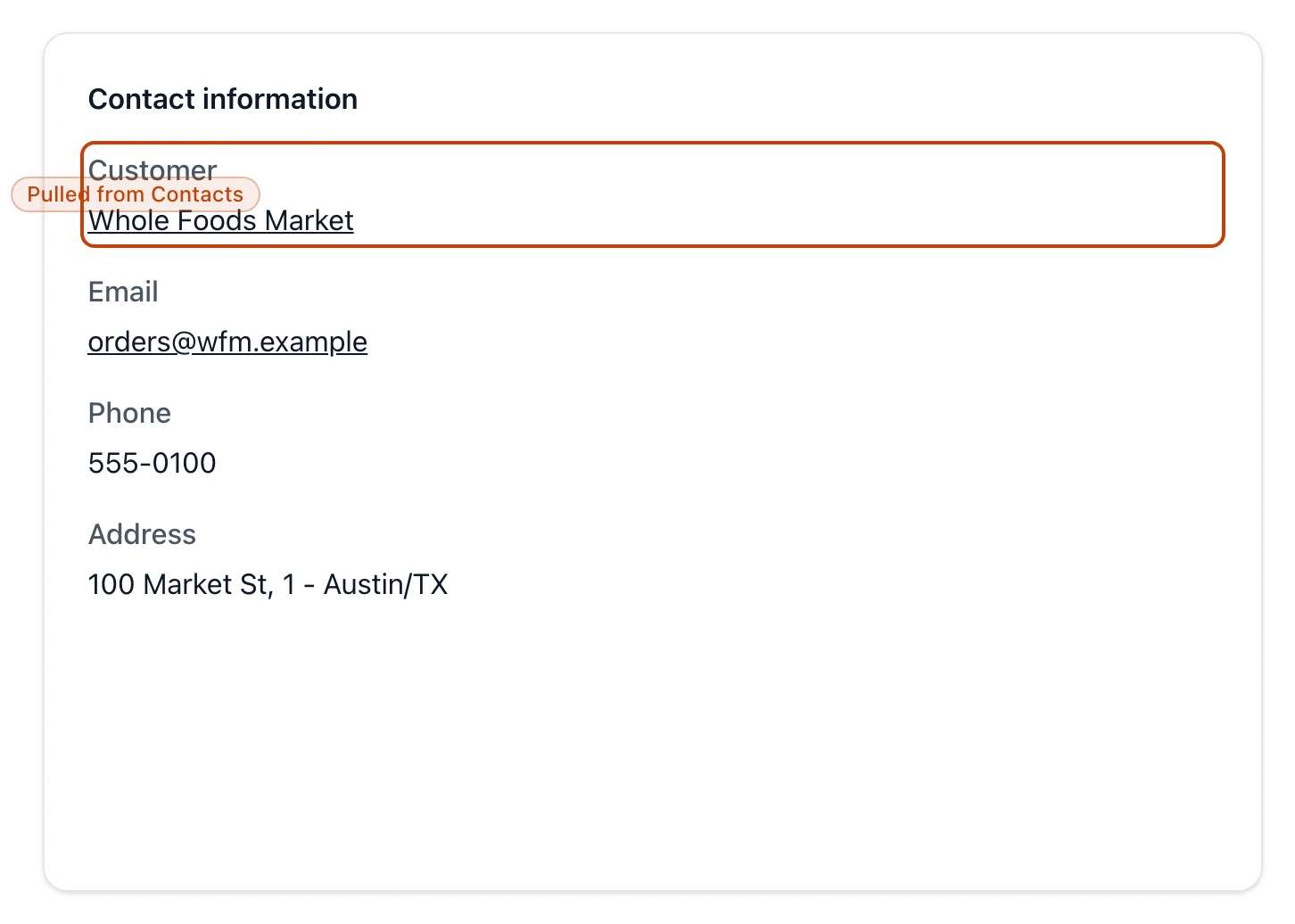 The Contact information panel of an invoice: the customer name linking to their contact record, above their email, phone, and address.