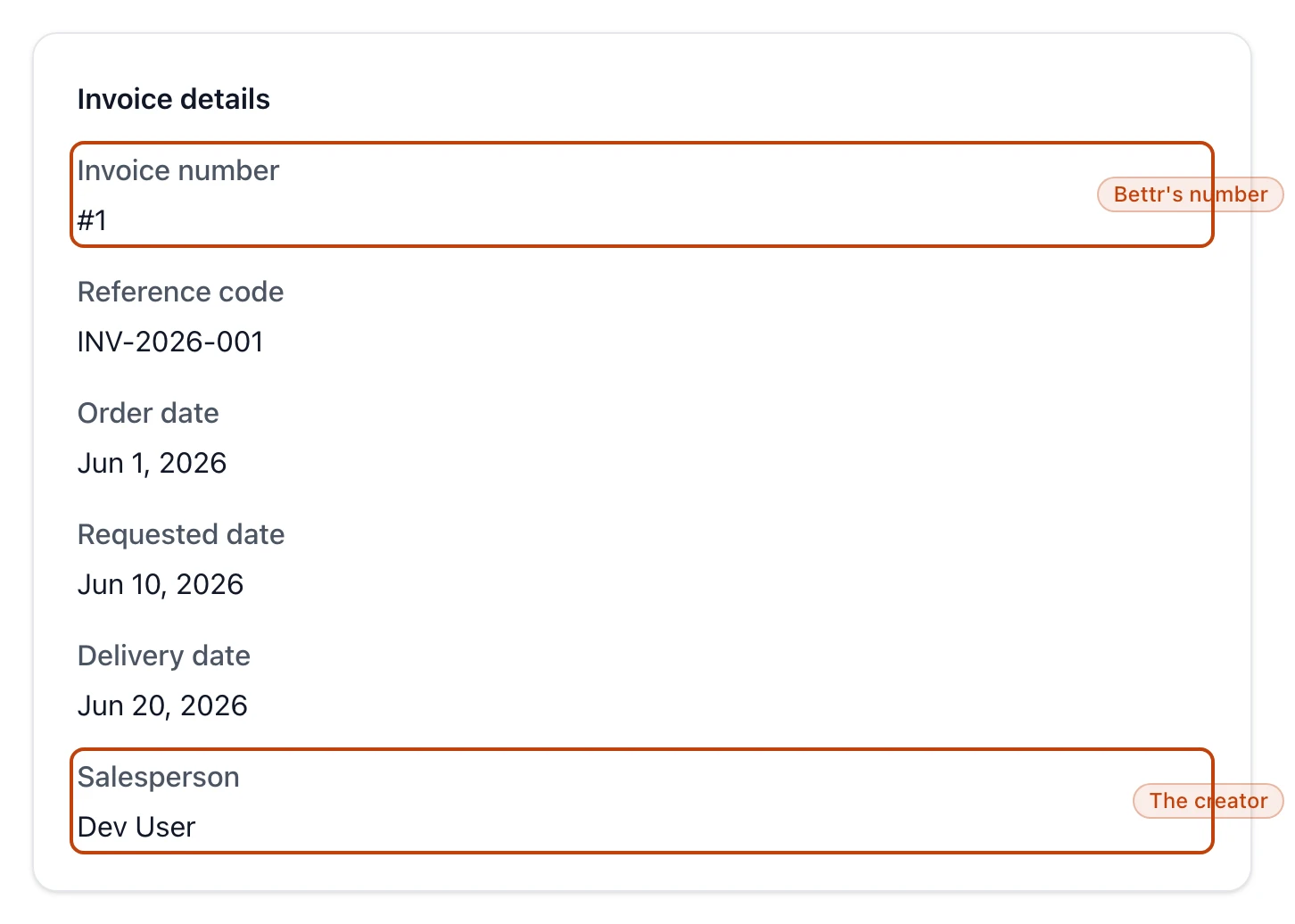 The Invoice details panel of an invoice: the system-assigned number #1, the reference code INV-2026-001, the order, requested, and delivery dates, and the salesperson who created it.