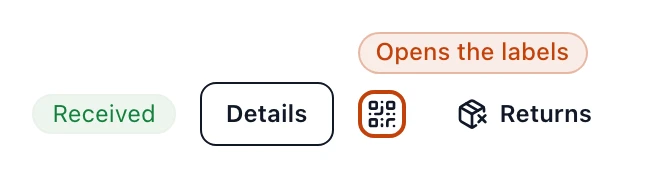 A received Jasmine Rice line in Receiving, with the QR-code Lot labels button beside Details and Returns.