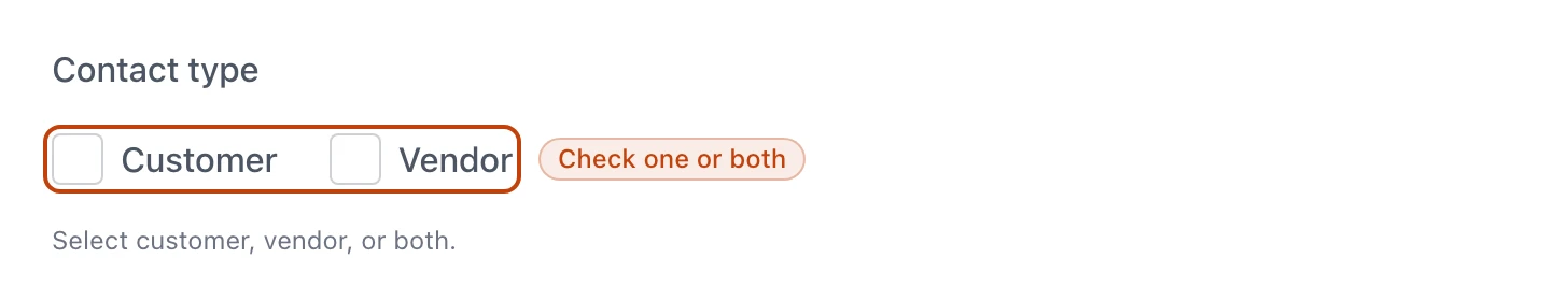 The contact type selector on the new-contact form, with the Customer and Vendor checkboxes.
