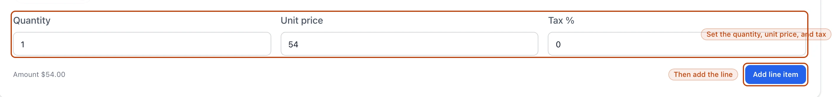 The quantity, unit price, and tax fields for a line item on the new invoice form, above the running amount and the Add line item button.