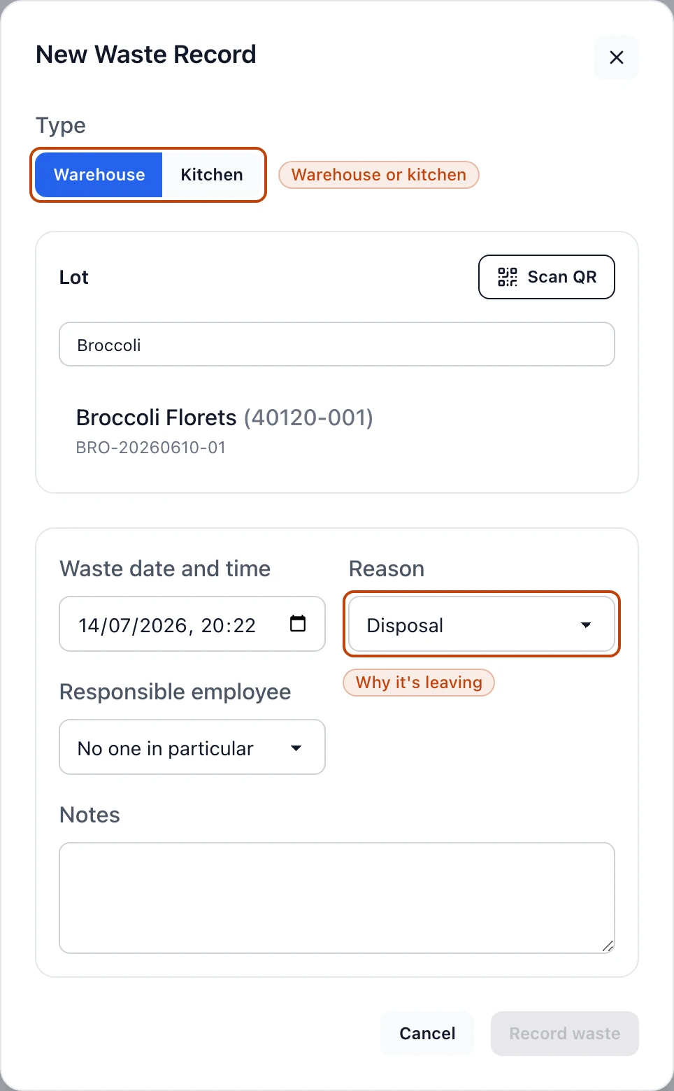 The new waste record form on its Warehouse type: a toggle between Warehouse and Kitchen, a lot search narrowed to a Broccoli Florets lot, and a details section with waste date, a Reason menu, responsible employee, and notes.