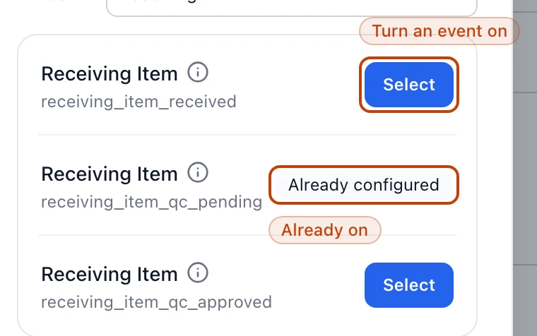 The notification event picker, filtered to receiving events, with a Select button on each event and an Already configured badge on one already set up.
