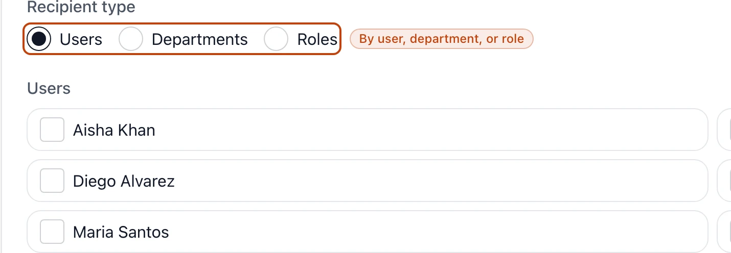 The recipient form showing the Users, Departments, and Roles choice above the list of people a notification can go to.