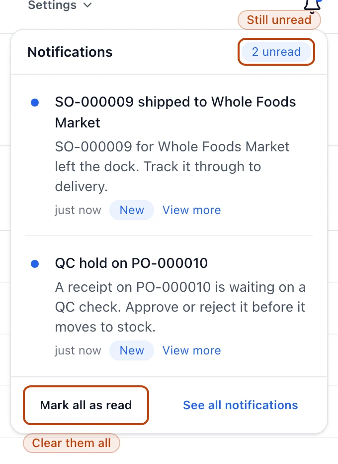 The notifications bell open in the top bar, showing a count of unread notifications, the most recent ones, and a Mark all as read button.