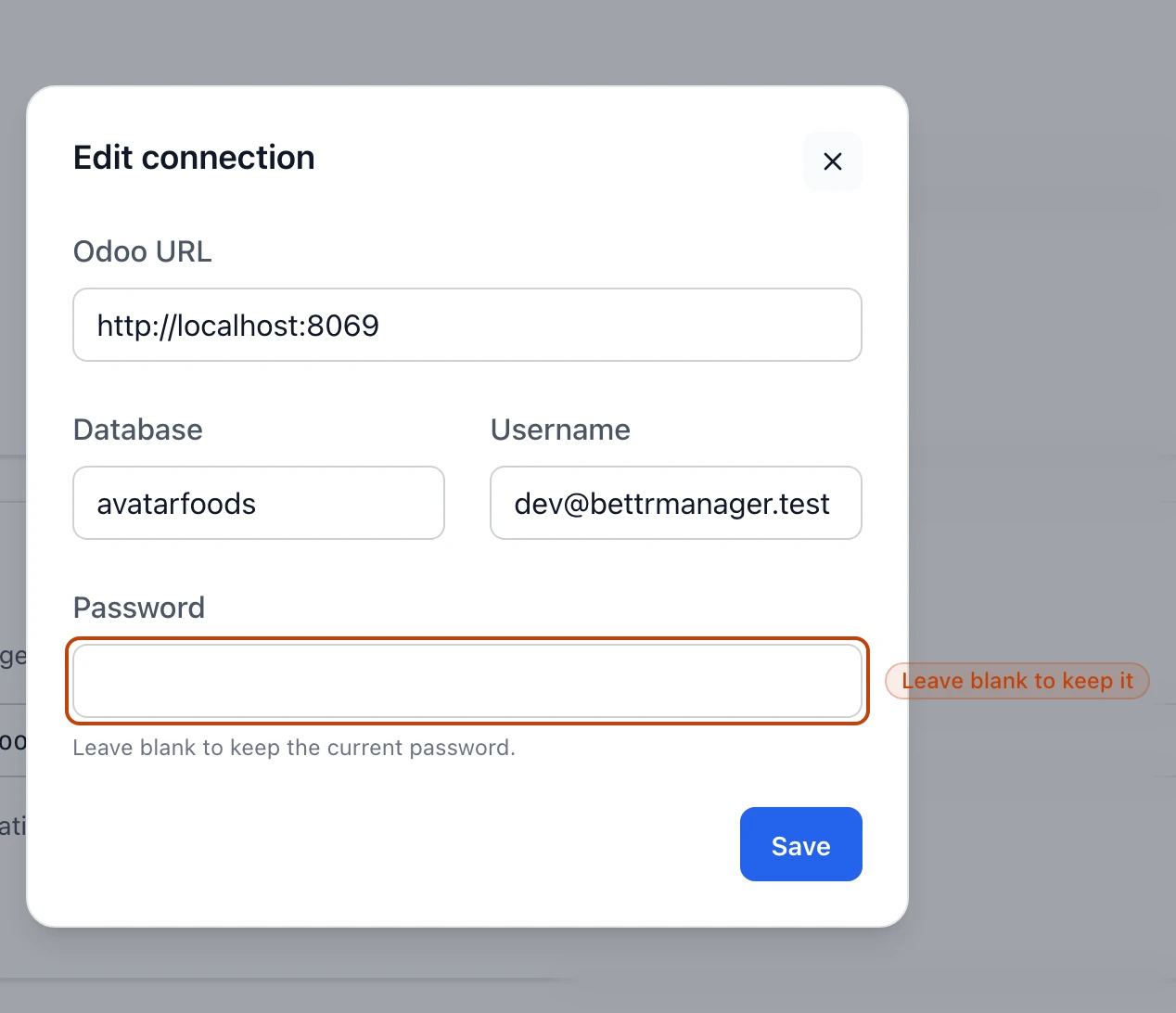 The Odoo connection edit modal showing the URL, database, username, and password fields, with a note that a blank password keeps the current one.