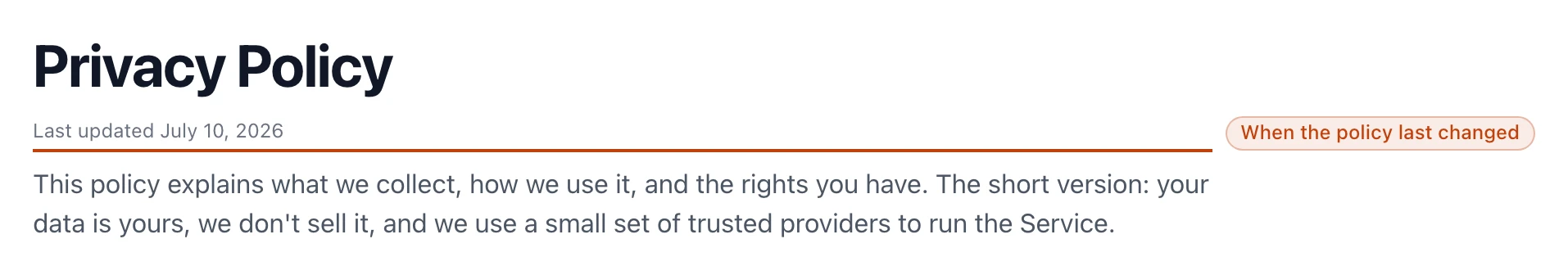 The top of the public Privacy Policy page: the title, a Last updated July 10, 2026 date, and a plain-language summary noting your data is yours and is not sold.
