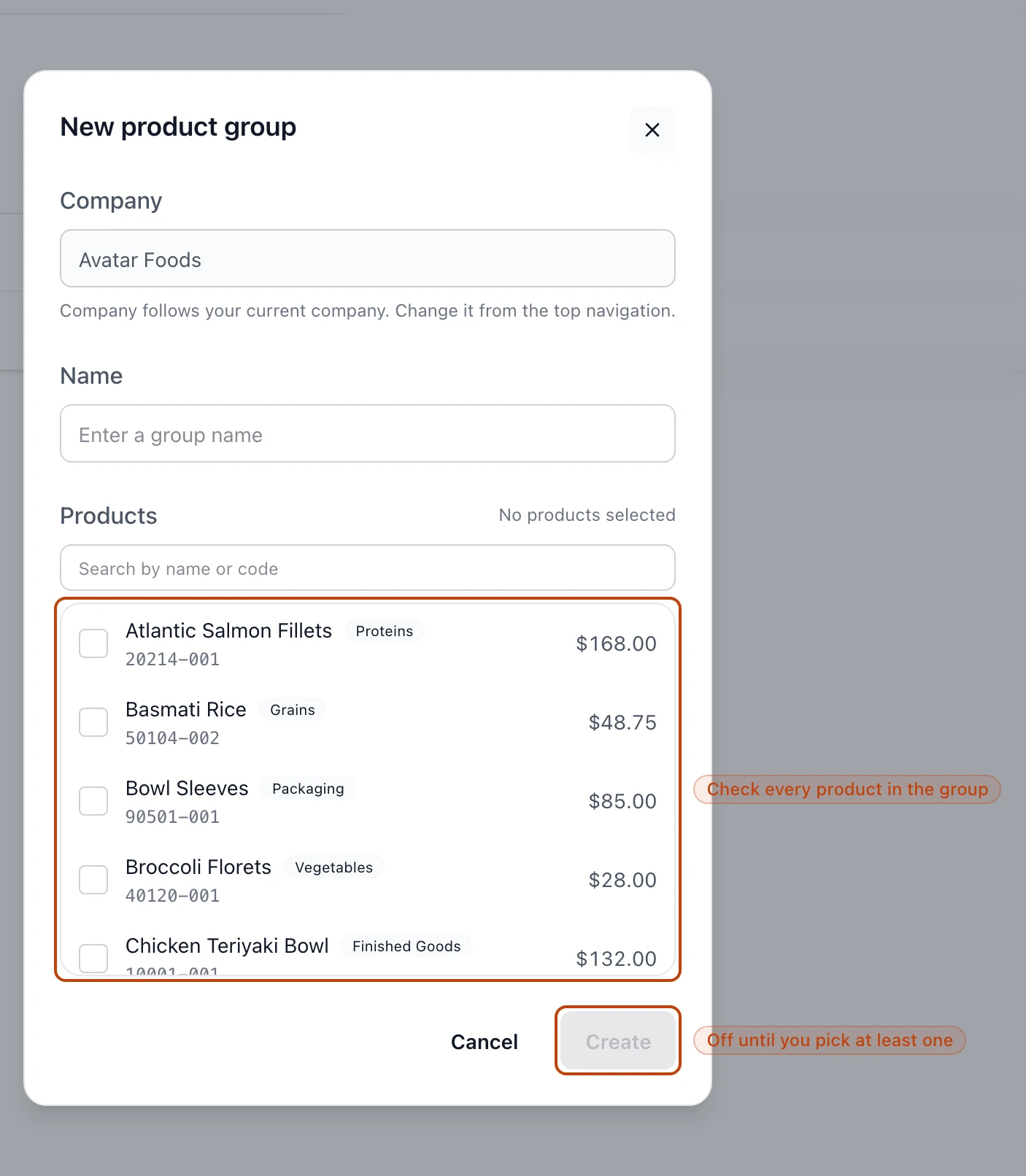 The new product group form: a name field over a searchable checklist of products, with the Create button disabled until at least one product is checked.