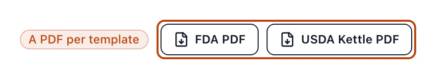 The export buttons above the Cooking Log tab of the Retail bowls production run: two outline buttons labeled FDA PDF and USDA Kettle PDF, each with a download icon, that open a print-ready cooking log in a new tab.