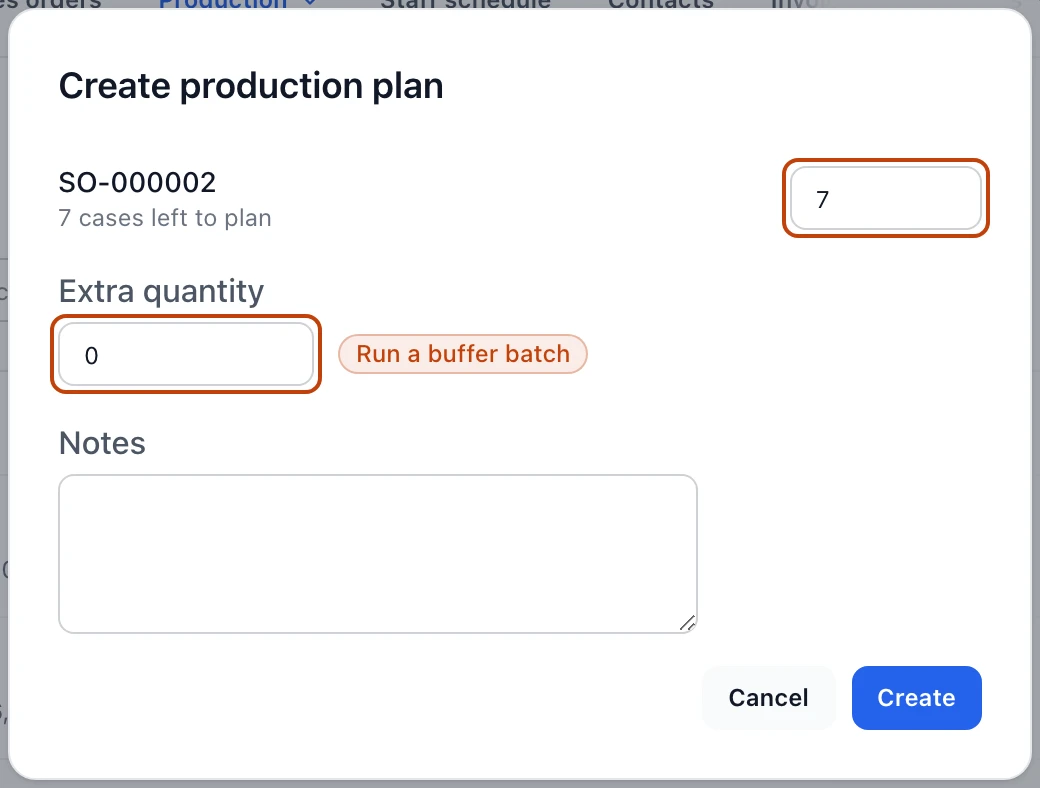 The Create production plan dialog opened from Production needs for order SO-000002, showing 7 cases left to plan with a field to set how many cases to schedule, an Extra quantity field, and a Notes field above Cancel and Create.