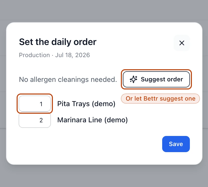 The daily-order dialog for one department on one date, listing each scheduled recipe with a position field, a Suggest order button, and a tally of the allergen cleanings the current order forces.