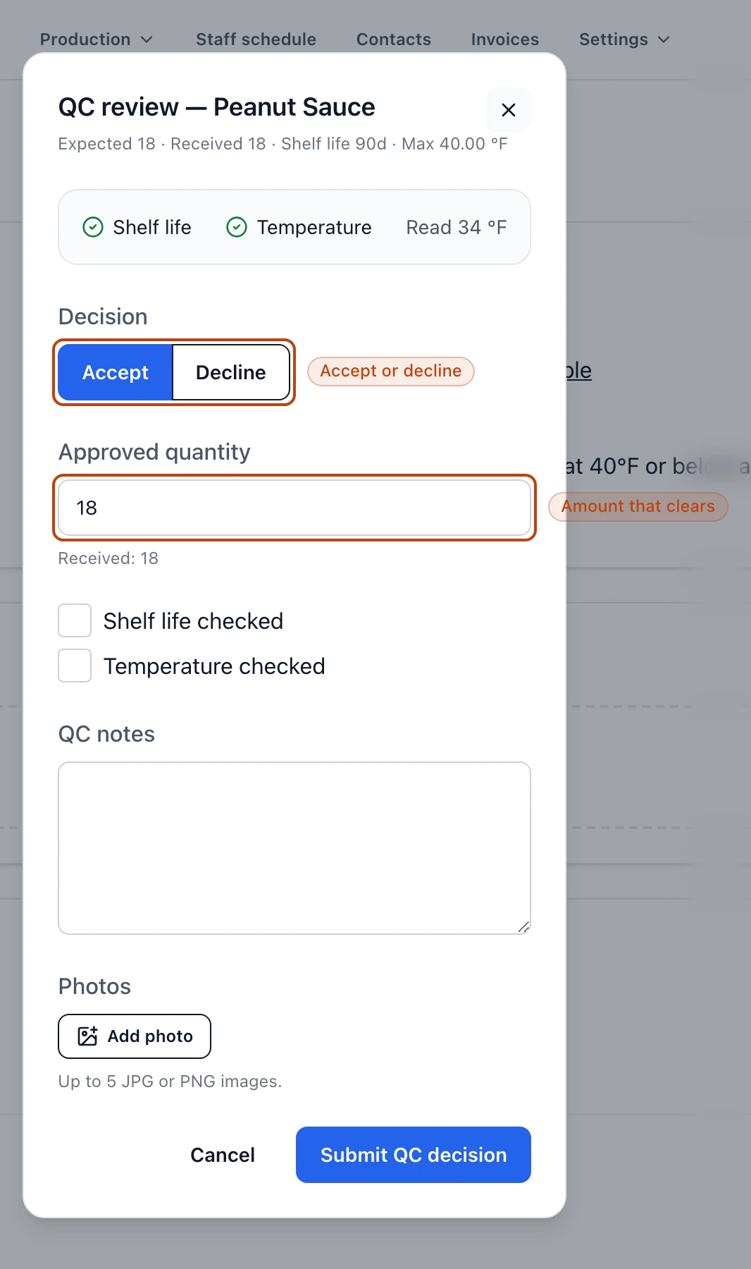 The QC review dialog for a received line, showing an Accept or Decline decision, an approved quantity that starts at the received amount, and shelf-life and temperature check boxes.