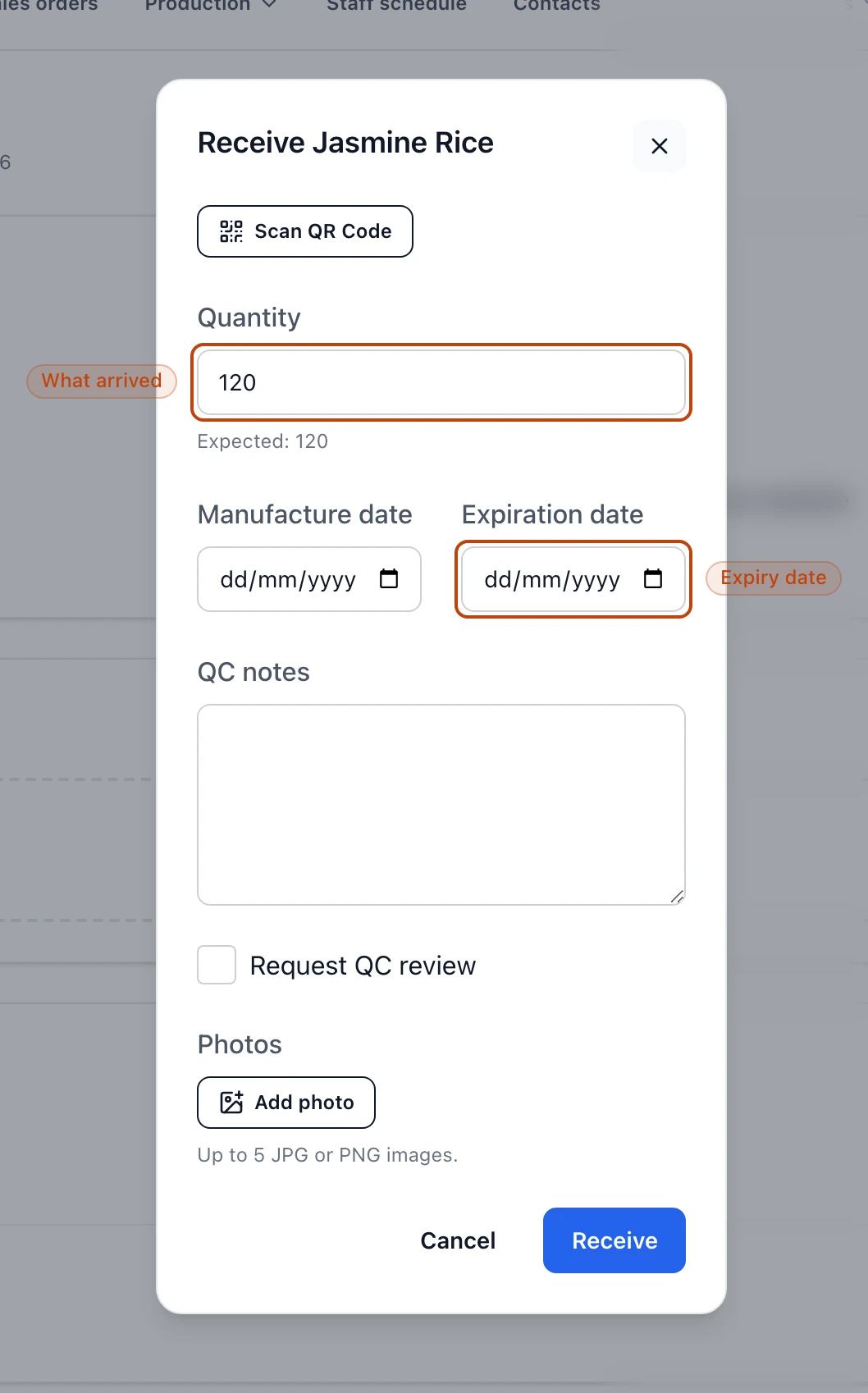 The receive form for a line, with fields for the quantity that arrived and its manufacture and expiration dates.