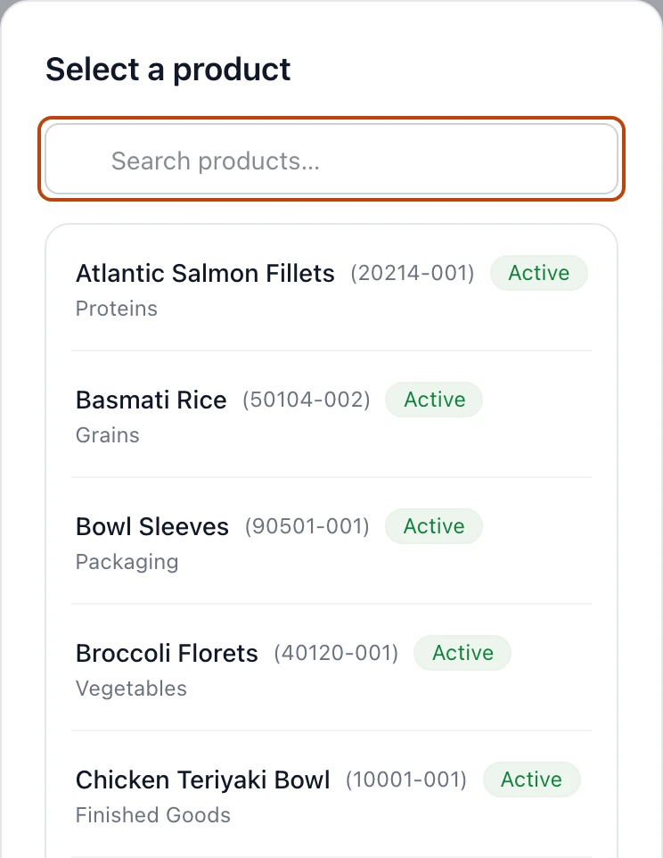 The ingredient picker open on the new-recipe form: a Select a product dialog with a search field over a list of the company products — Atlantic Salmon Fillets, Basmati Rice, Bowl Sleeves, Broccoli Florets, Chicken Teriyaki Bowl — each with its product code, an Active status, and its category.
