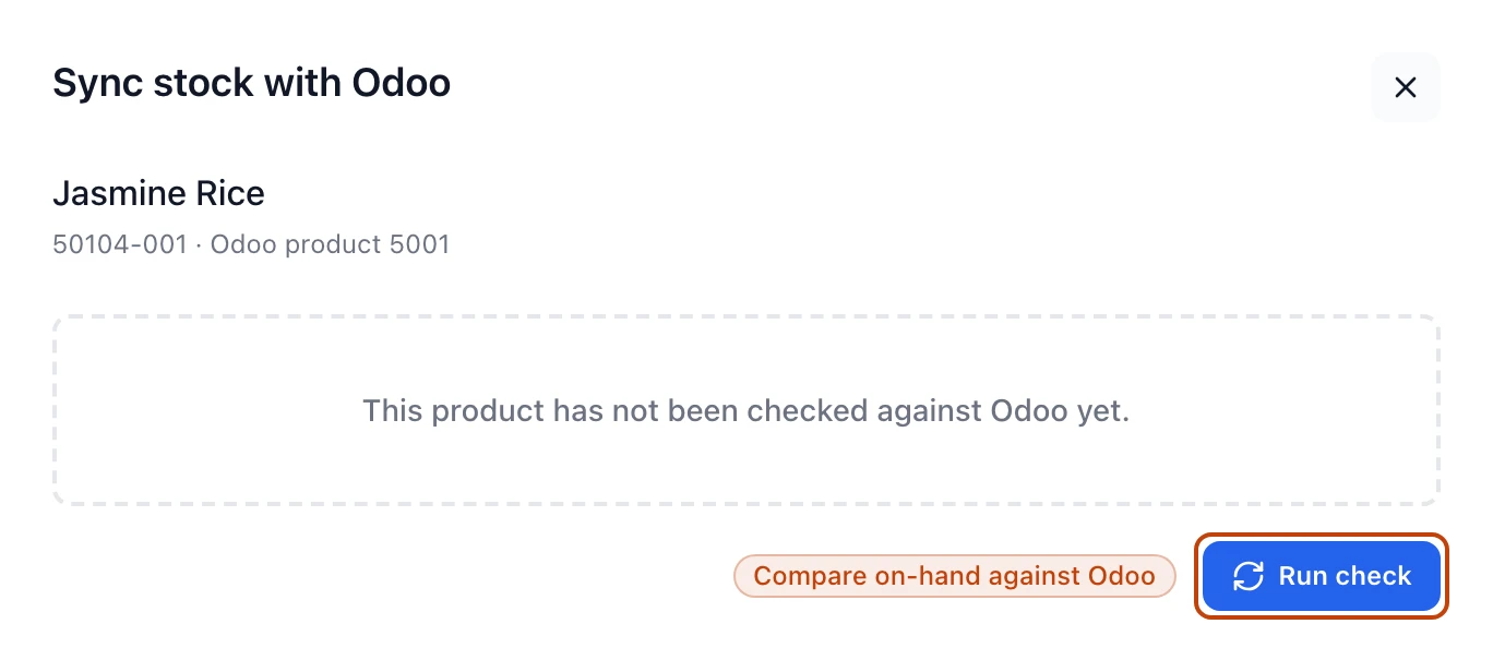 The Sync stock with Odoo drawer for Jasmine Rice, before its first check, showing the product's code and Odoo product number above a Run check button.