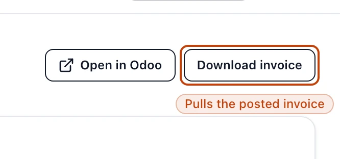 The action bar at the top of shipped sales order SO-000004, carrying an Open in Odoo link and a Download invoice link, with Download invoice ringed as the way to pull the posted invoice as a PDF.