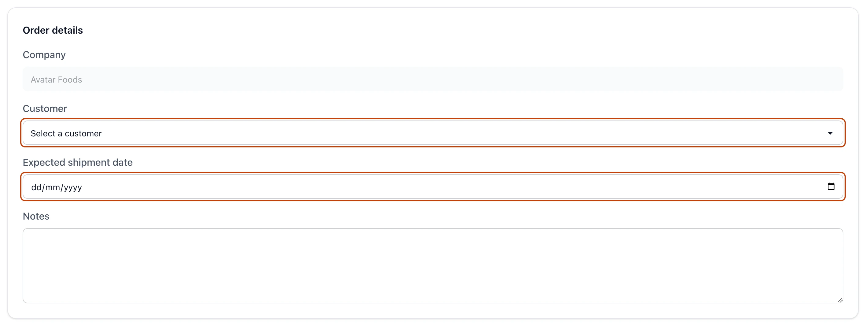 The Order details panel of the new sales order builder, with the company prefilled, the Customer dropdown ringed, the Expected shipment date field ringed, and a Notes box.