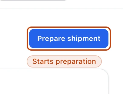 The action area at the top of an approved sales order, carrying a single Prepare shipment button ringed as the step that starts preparation.
