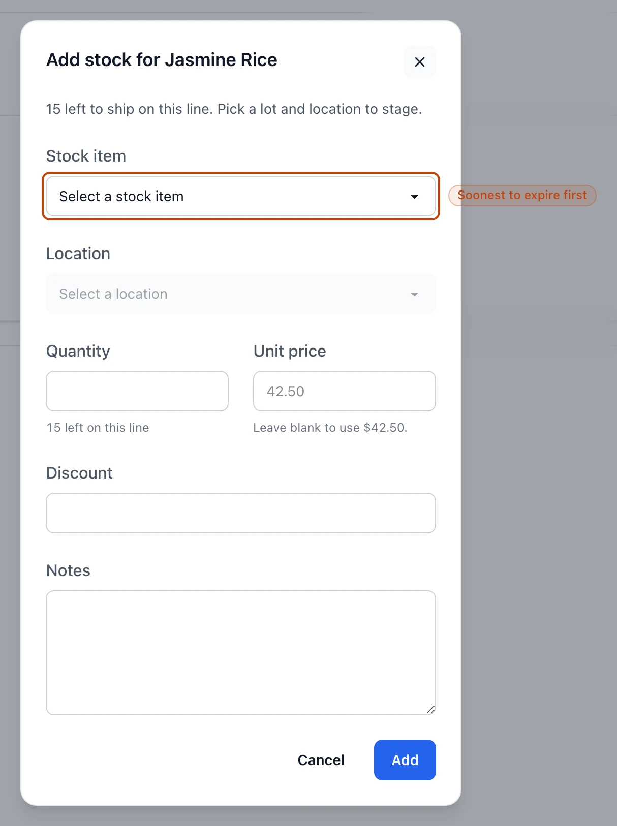 The Add stock item form for the Jasmine Rice line, with a stock-item lot selector, a location selector, and quantity, unit price, discount, and notes fields.