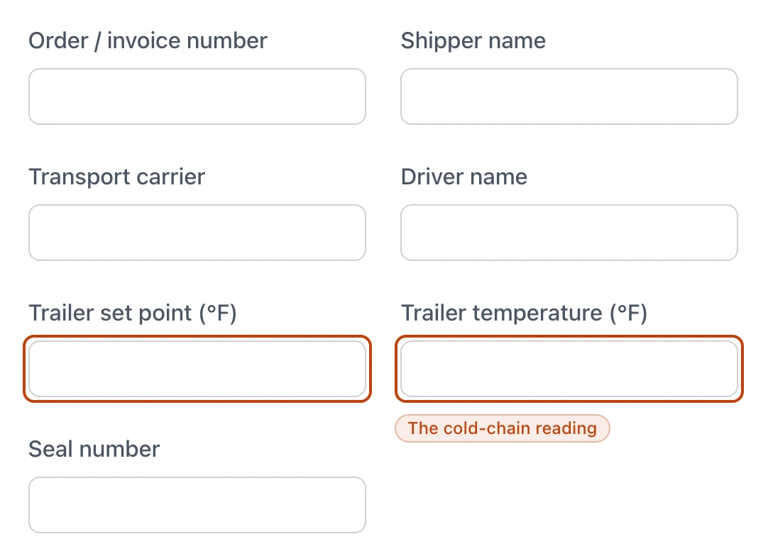 The transport and trailer fields of the Add truck-shipping record form — order or invoice number, shipper name, transport carrier, driver name, trailer set point and temperature in Fahrenheit, and seal number — with the trailer set point and temperature fields ringed.