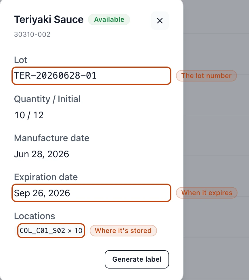 A lot's detail for a finished-good stock item, showing its lot number, quantity against the amount it started with, manufacture and expiration dates, and the location it is stored in.