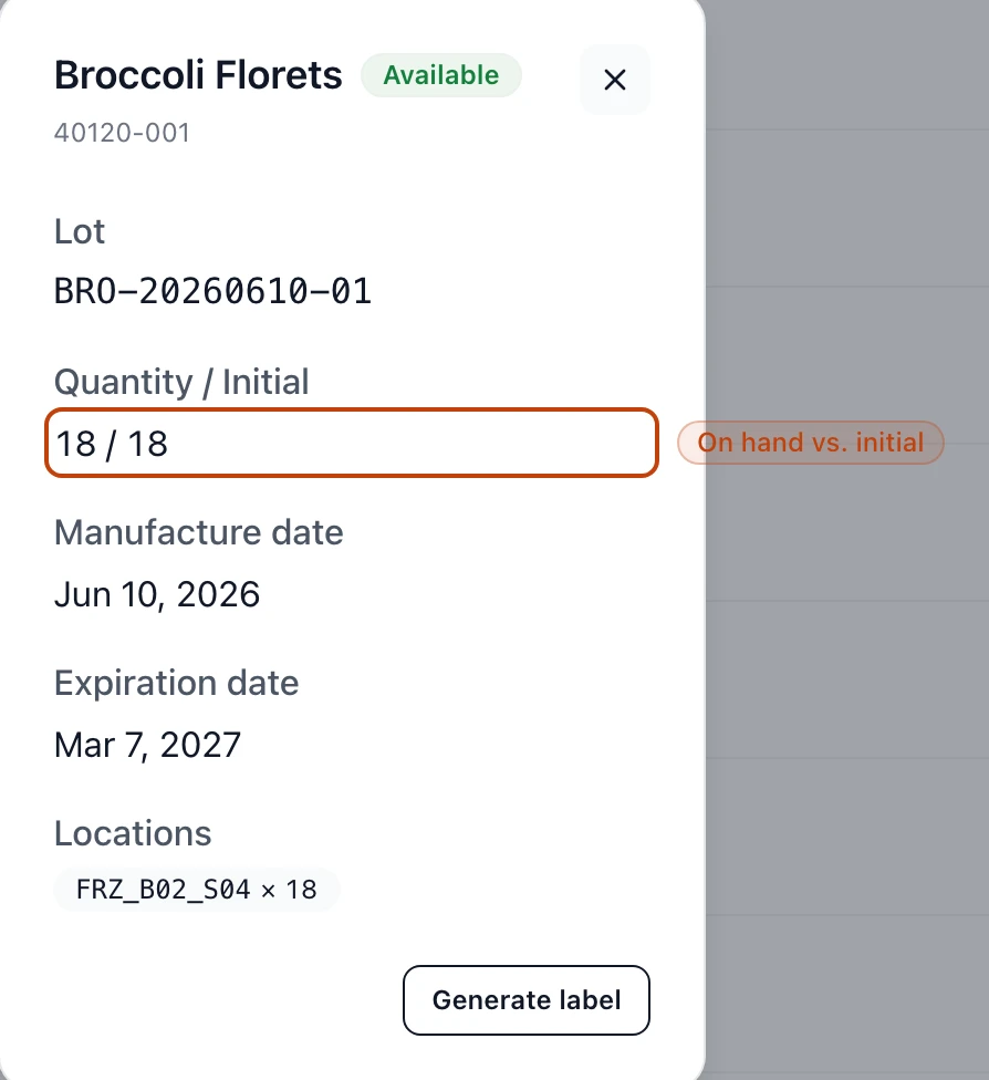 A lot's detail for a frozen stock item, with an Available status badge beside the product name and a Quantity / Initial field reading the cases on hand against the amount the lot first arrived with.