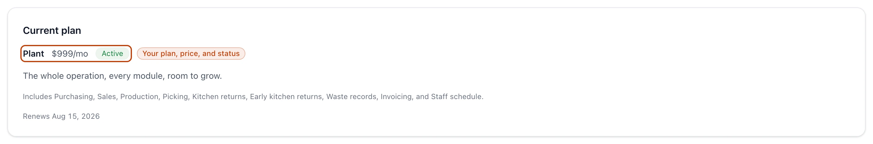 The Current plan card on Plan & billing naming the Plant plan, its monthly price, and an Active status badge.
