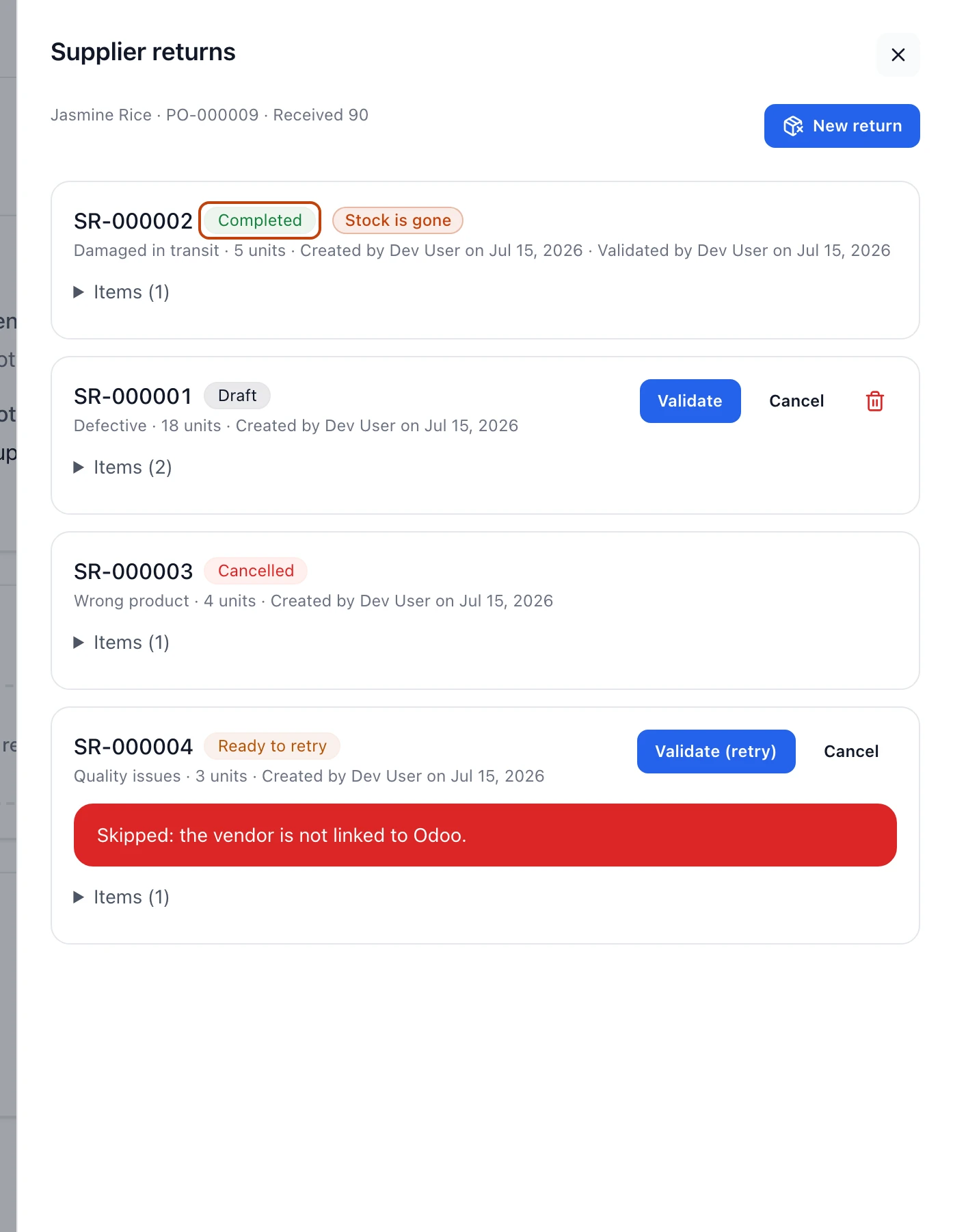 The supplier returns panel for a receipt, showing returns in Completed, Draft, Cancelled, and Ready to retry states, with the completed status badge highlighted.
