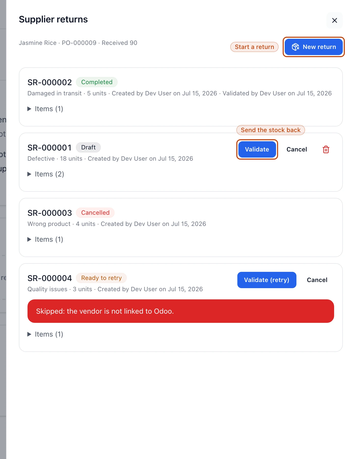 The supplier returns panel for a receipt, listing returns in Completed, Draft, Cancelled, and Ready to retry states with their per-return actions.