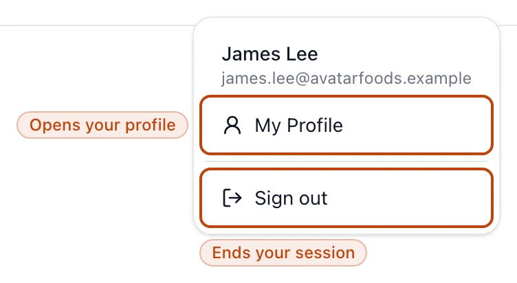 The account menu open in the top-right corner, listing My Profile and Sign out.
