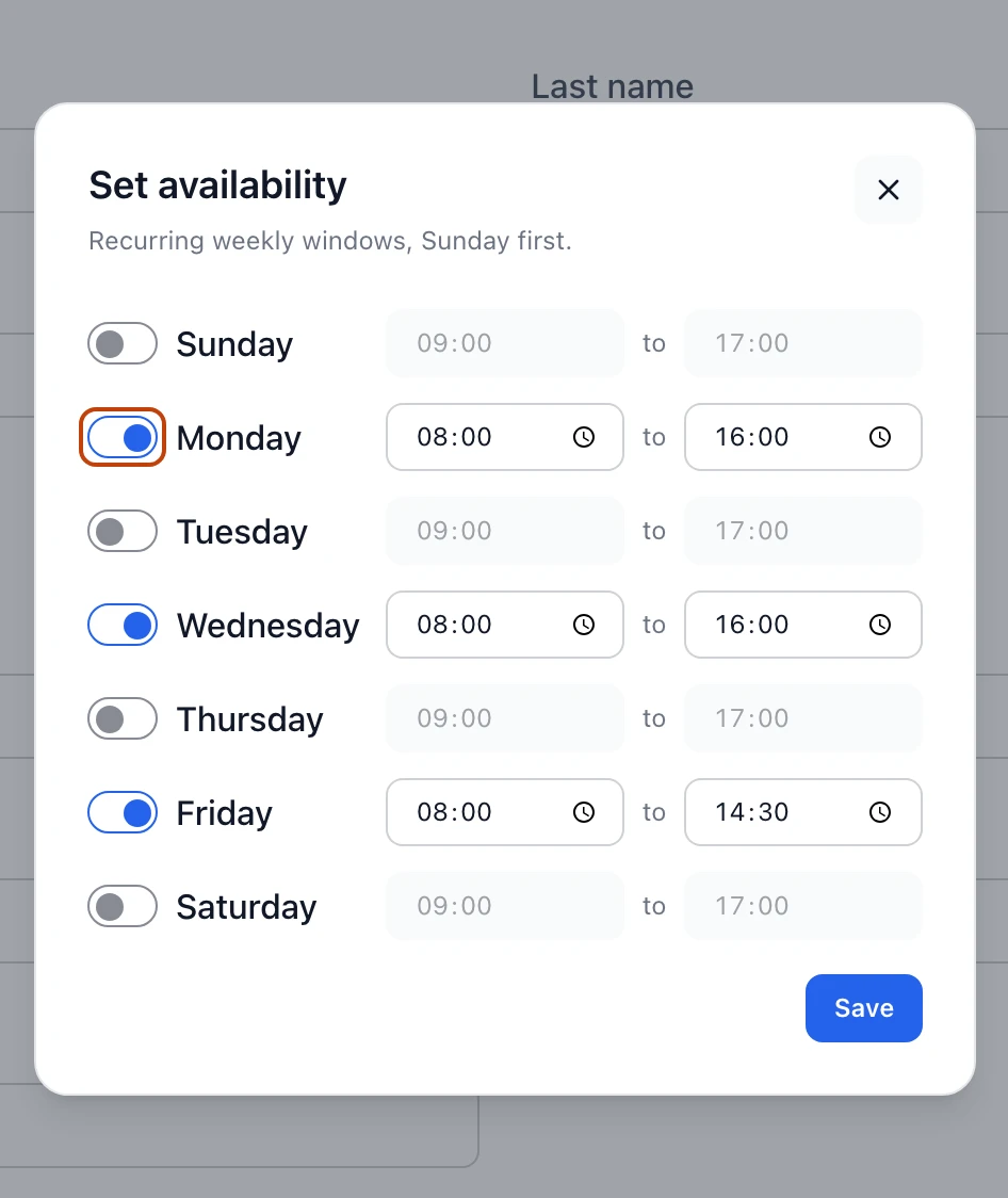 The Set availability editor, listing every day of the week Sunday first with a toggle and a start and end time for each.