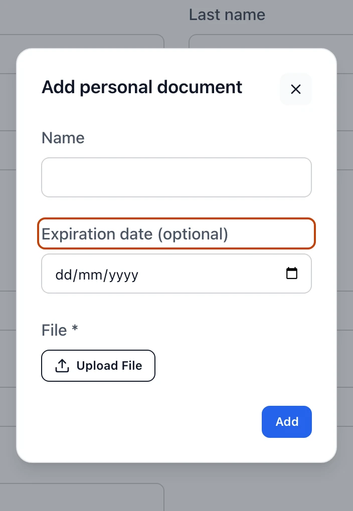 The Add personal document panel, with a name field, an optional expiration date, and a file upload.