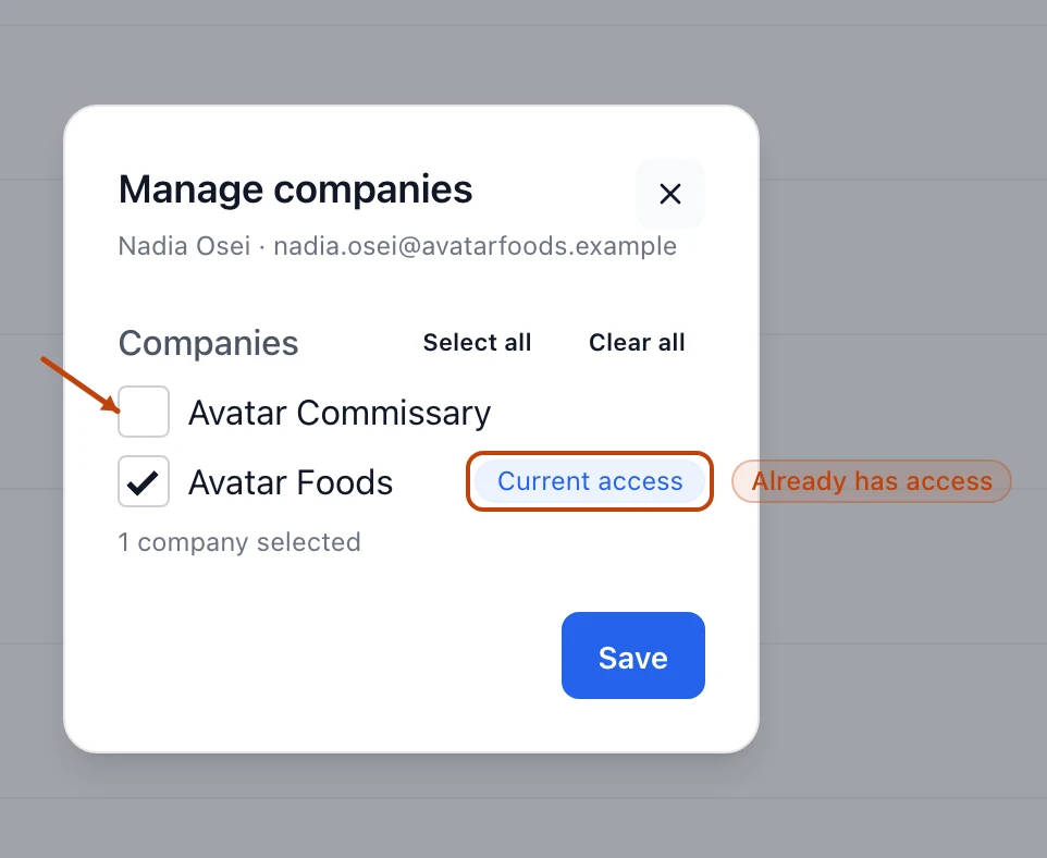 The Manage companies panel for a teammate, with a checkbox per company and a Current access tag.