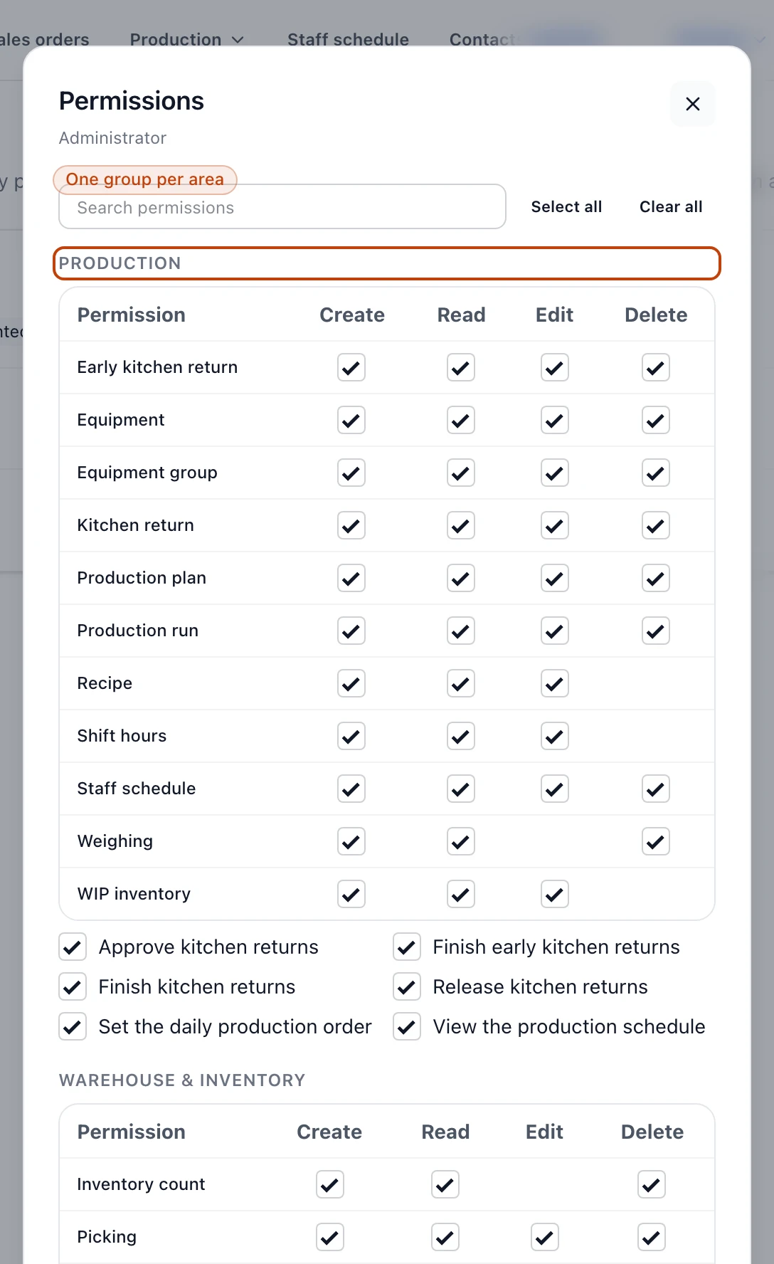 The role permission editor, grouped by area of the app, with Create, Read, Edit, and Delete checkboxes for each kind of record.