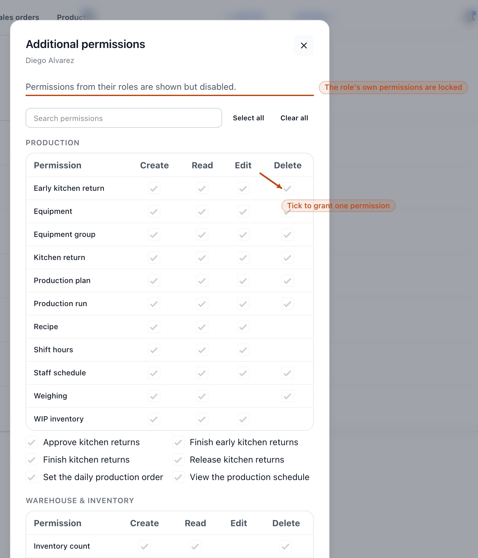 The Additional permissions grid for a teammate, grouped by area with Create, Read, Edit, and Delete checkboxes per record.