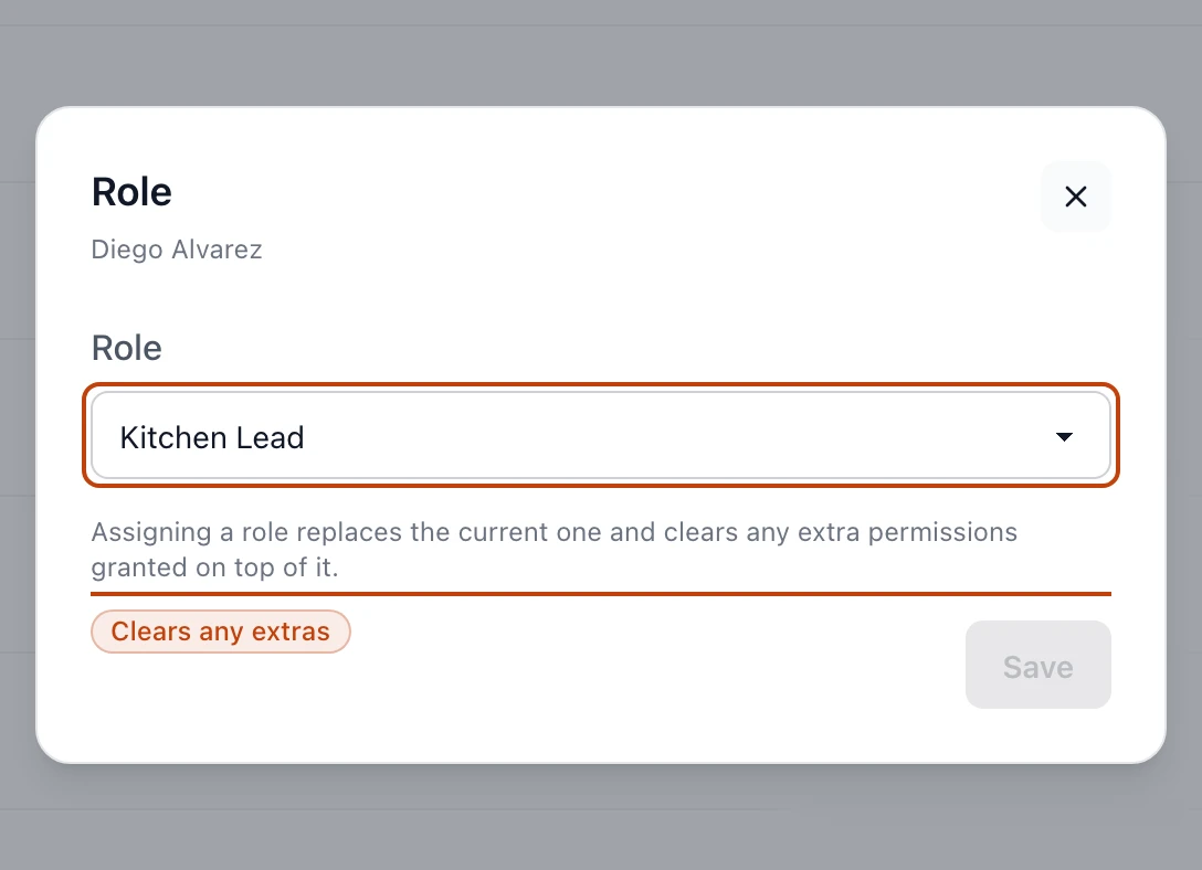 The Role panel for a teammate, with a menu of roles and a note that assigning one clears extra permissions.