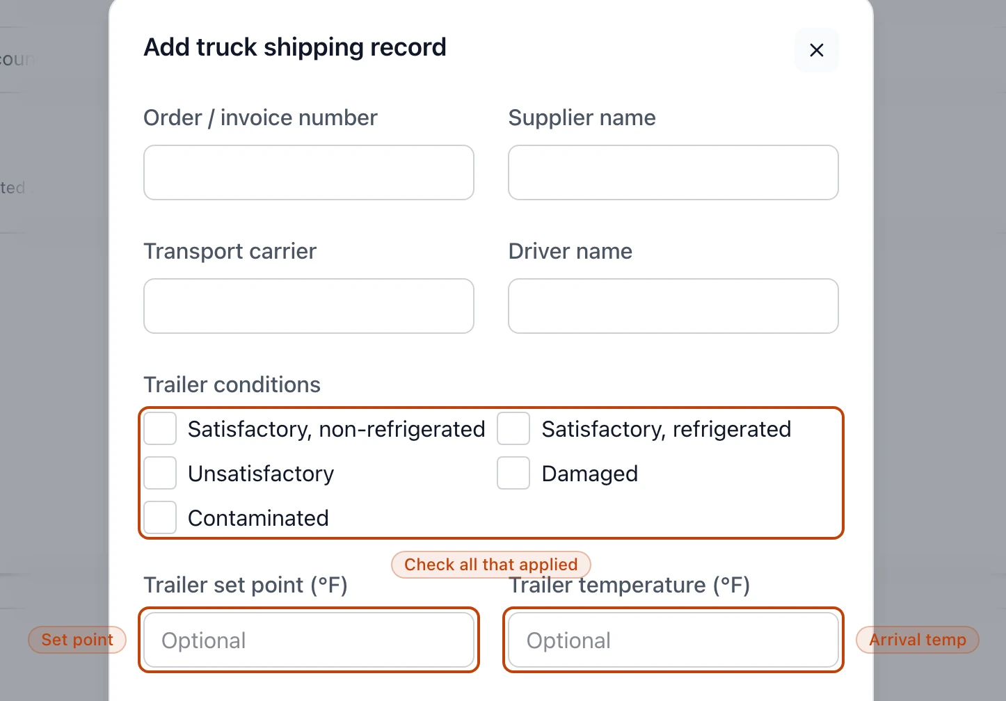 The Add truck shipping record form on a purchase order, with the trailer-conditions checkboxes and the trailer set point and temperature fields highlighted.