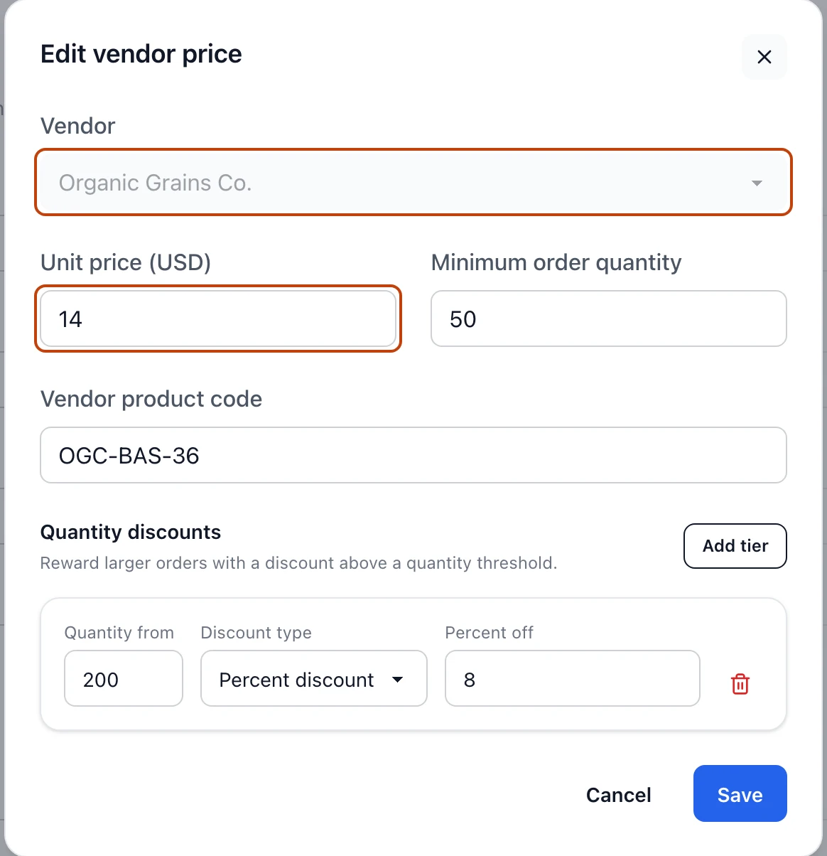 The Edit vendor price panel for Organic Grains Co., showing the unit price, vendor product code, minimum order quantity, and a quantity-discount tier.