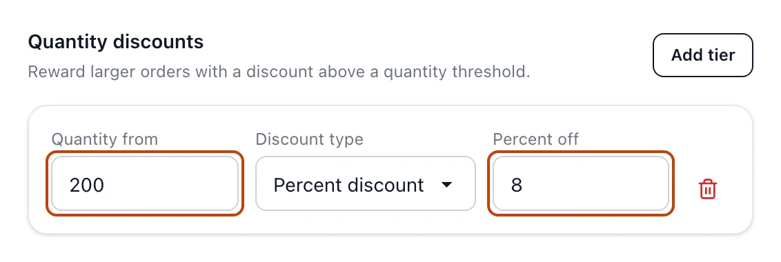 A quantity discount tier on Organic Grains Co.'s vendor price for Basmati Rice, taking 8 percent off each unit once an order reaches 200 units.