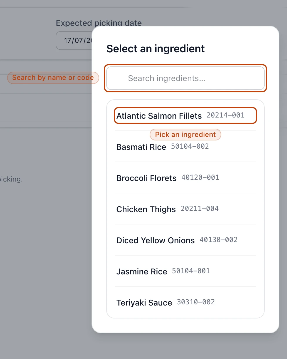 The ingredient picker on a manual pick: a search field over a list of products that have warehouse stock — salmon fillets, rice, broccoli, chicken thighs, onions, and teriyaki sauce — each shown with its product code.